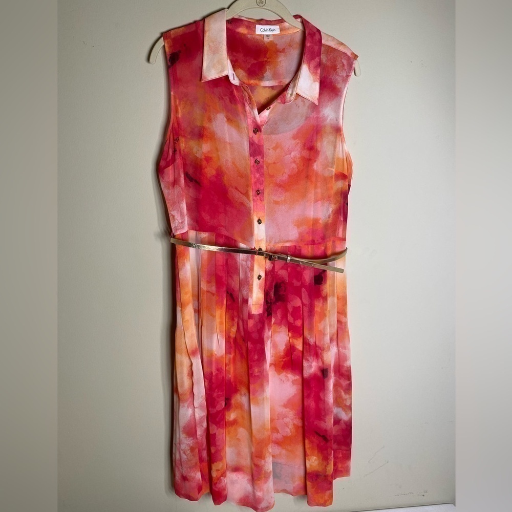 Calvin Klein Pleated Sheer Sleeveless Dress with Belt 12